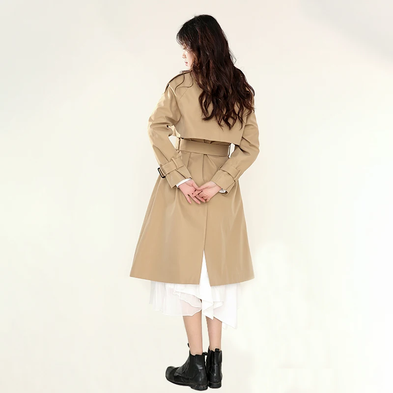 

[EAM] Women Khaki Bandage Big Size Trench New Lapel Long Sleeve Loose Fit Windbreaker Fashion Tide Spring Autumn 2021 1DC54304