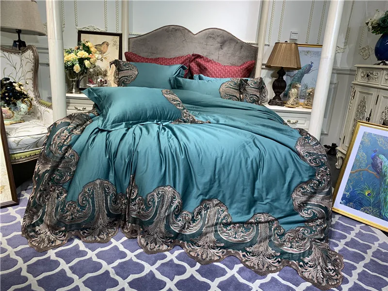 

Solid Gold Blue Silky Egyptian Cotton Duvet Cover Set Full Queen King size 4Pcs Bedding Set with Wide Lace Luxury Wedding Gift