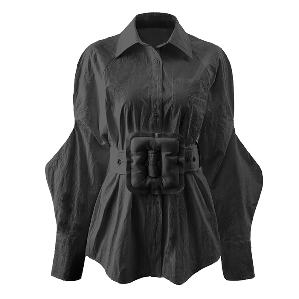 

YUANYUANJYCO Spring Autumn Women Office Lady White Blouse Fashion Big Belt Black Shirts Turn-Down Collar Baggy Long Sleeve Tops