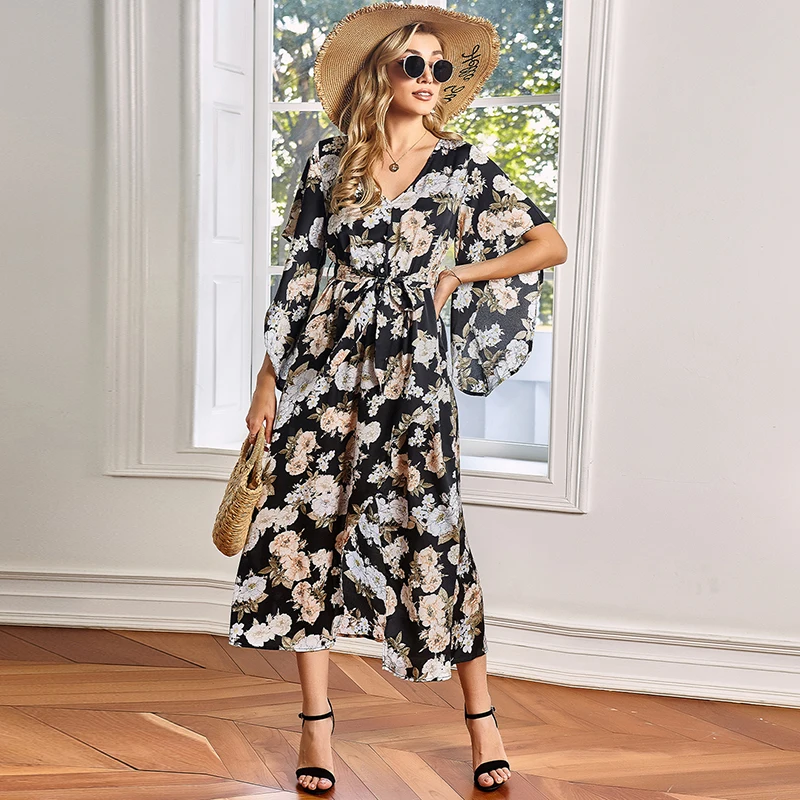 

Floral Print Party Dress Women Summer V-neck Butterfly Sleeves High Waist Bandage Split Female Elegant Temperament Midi Dress