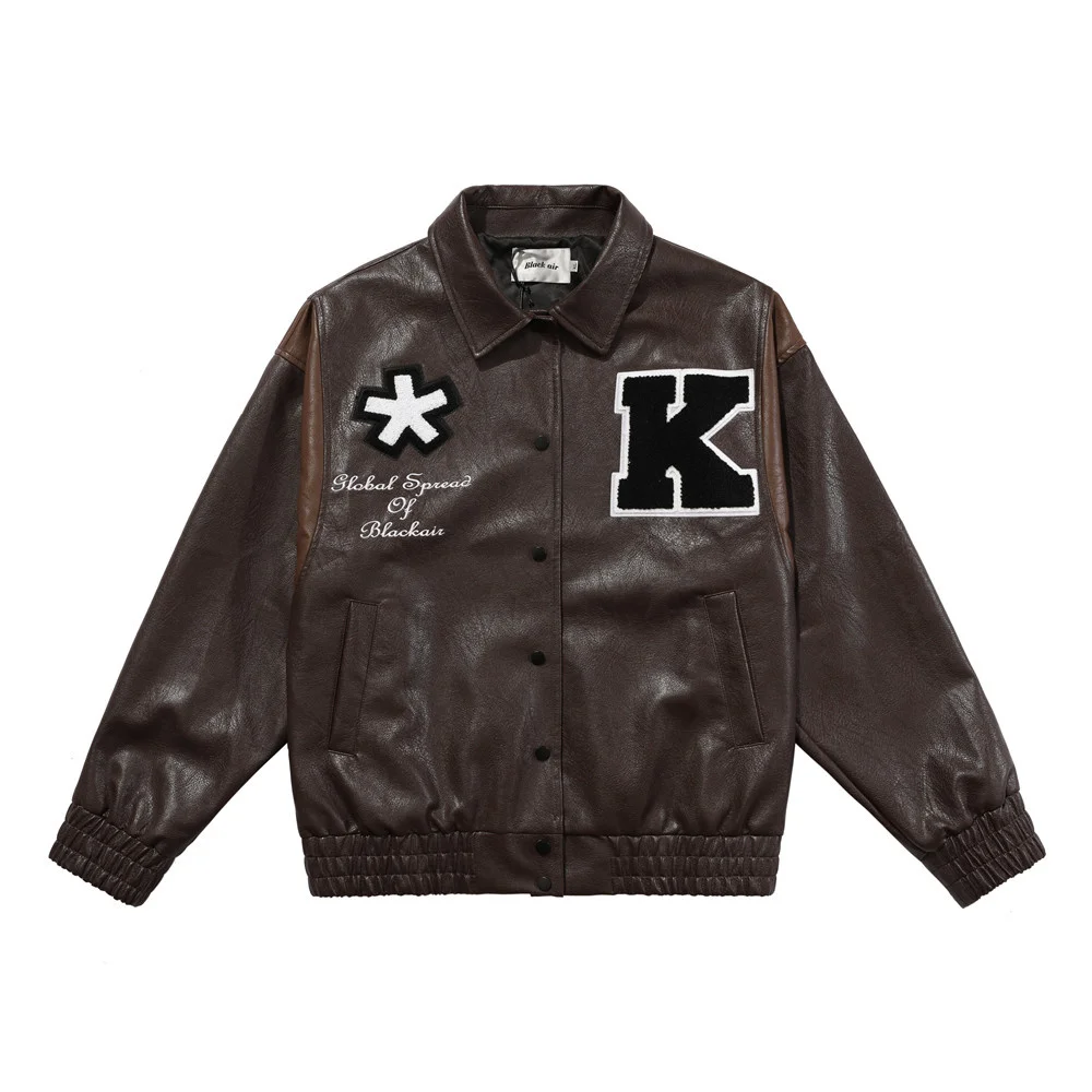 

Hip Hop Men's Baseball Jacket Streetwear Embroidered K Faux Leather Varsity Jacket Men And Women Oversized Punk Bomber Coat