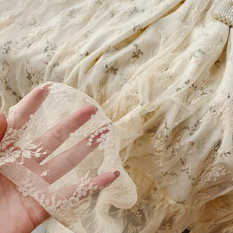 

Sweet Elegant Fairy Dress Summer Women Chic Puff Sleeve Lace Maxi Long Dress Female Vintage High Waist Floral Slim Party Dresses