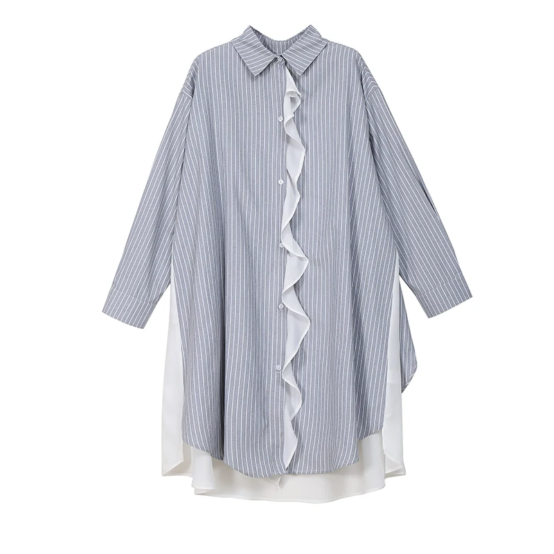

Striped Shirt Dress Women 2021 Spring Fake Two-Piece Long Sleeve Loose Ruffled Patchwork Chiffon Ol Office Plus Size Midi Dress