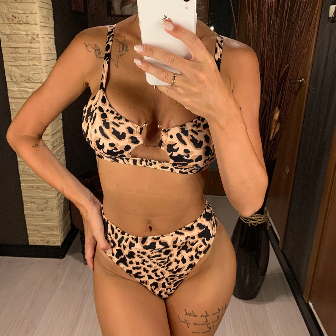 

Swimsuit and Coverup Sets 2021 Swimsuit Leopard Print Bikini Ladies Split High Waist Swimsuit Metal Ring Bikini New Swimsuit