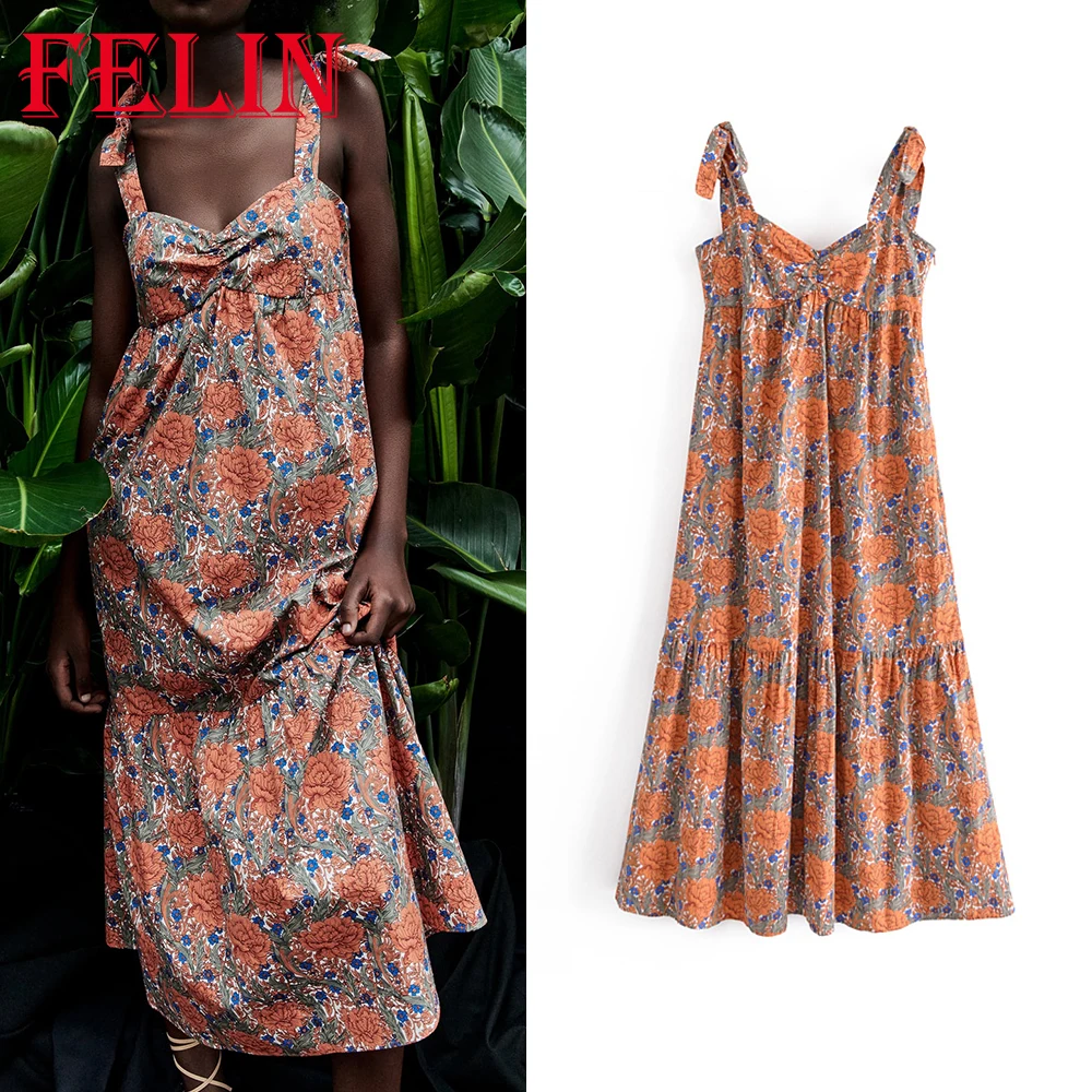 

FELIN Za Vintage Floral Print Women Dress Sexy Bow Tie Maxi Cami Dresses Female Summer Fashion 2021 Chic Beach Style Vestidos