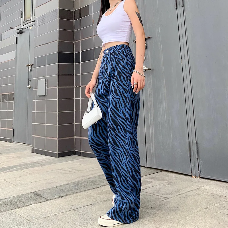 

Y2k Zebra Stripes Jeans Loose Wide Leg Pants Women Vintage Indie High Waist Denim Pants 2021 New Fashion Spring Autumn Trousers