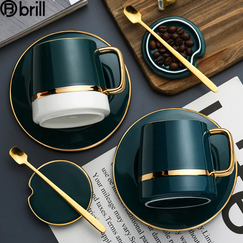 Simples e Moderno Xícara de Café Copo de Chá do Vintage Copos e Pires Cerâmica Pires Colher Conjunto Ouro Metal Reutilizável Conjuntos Tazas 50 Aro