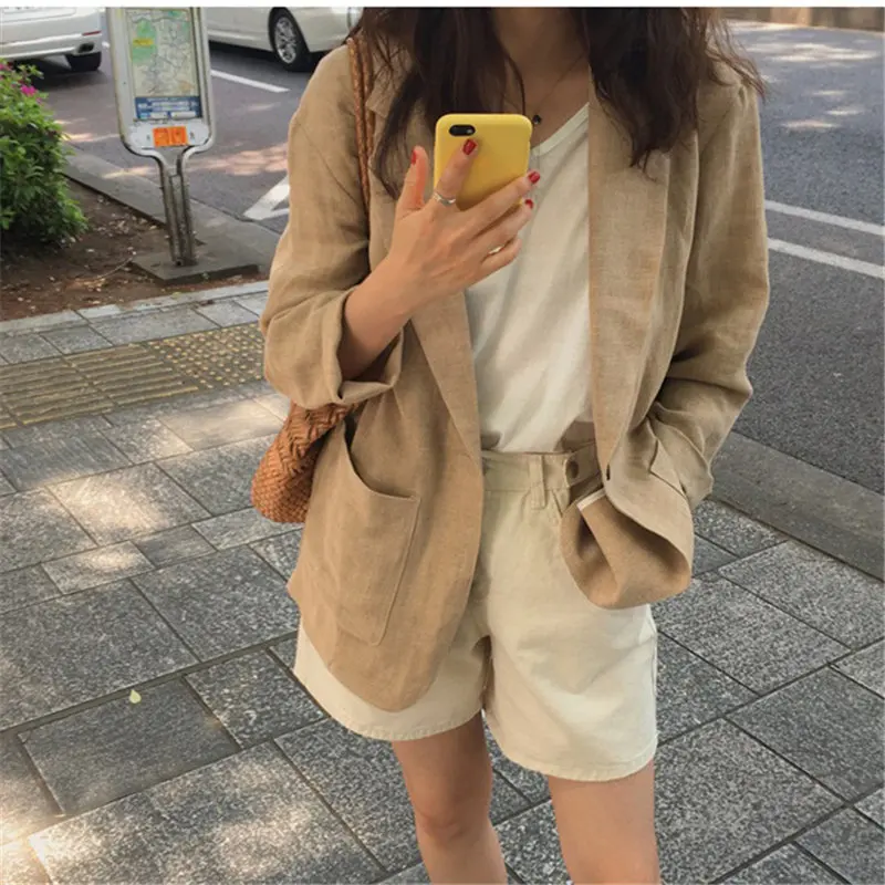 

Chic Light-Brown Thin High Quality Office Lady Women Linen Fashion All-Match Retro Loose Streetwear Vintage Blazers
