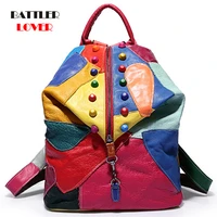 new women travel bags mix color rivets lady backpacks rainbow colorful shoulder bag genuine cow leather backpack girl school bag