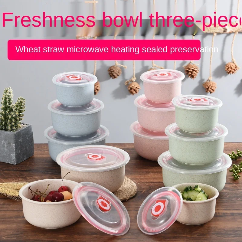 

Three-piece set wheat straw fresh-keeping box, household daily storage food, sealed fresh-keeping bowl with lid food container