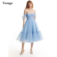 verngo 2021 a line light blue dotted tulle prom dresses off the shoulder sleeves tea length formal party gowns homecoming dress