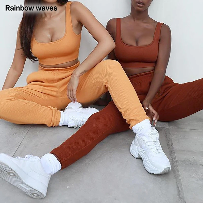 

Rainbowwaves Active Sportswear Tank Top And Long Pant Sets For Women Casual Solid Two Piece Outfits Summer 2021 Set