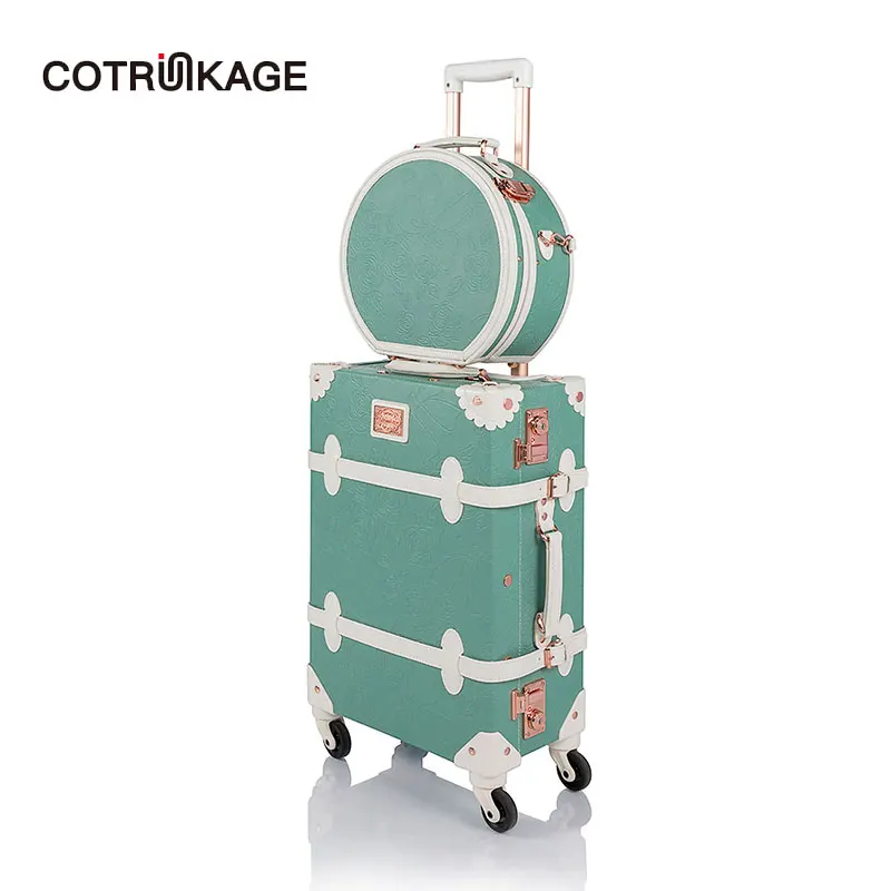 COTRUNKAGE 2" винтажный комплект дорожных чемоданов TSA замок для переноски чемодана для женщин с чепчиком коробка-Тисненая мята