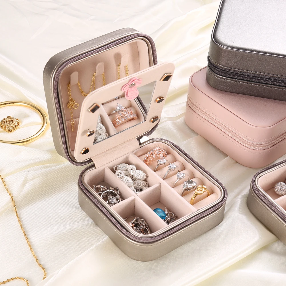 

jewelry organizer Jewelry Box Earring Rings Organizer with Mirror Portable PU Leather Necklace Multi-function Storage Case