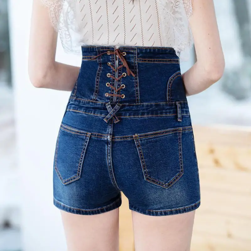 

2020 Summer New Fashion High Waist Zipper Denim Shorts Plus Size Stretch Jeans Female Abdomen Strap Casual Shorts Free Shipping