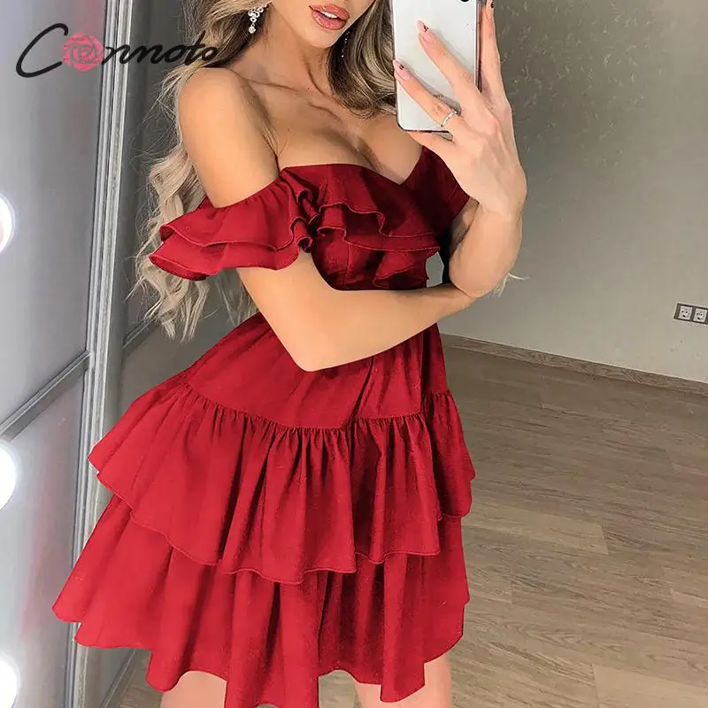 Conmoto Сексуальные вечерние однотонные красные платья Женская оборка с тесьмой