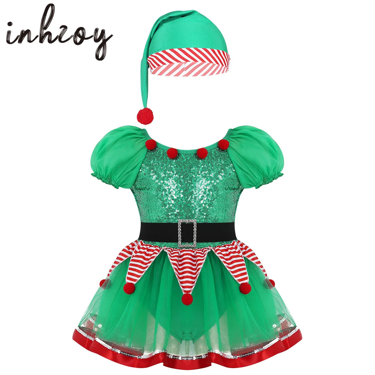 Kids Little Girls elf christmas Dress Sequin Tutu Festival Santa Costume With Hat Ballet Leotard Fancy Dress Outfits Green