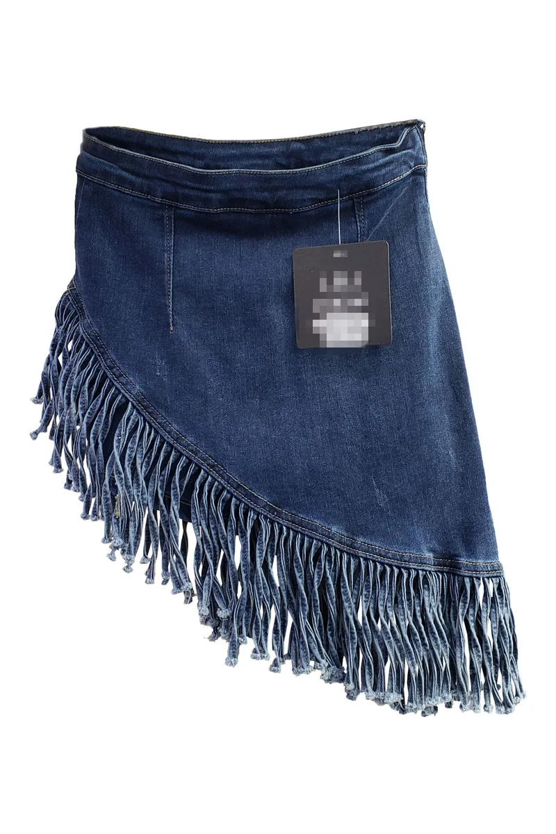 

2021 Summer Tassel Denim Skirt Women's A Line Skirt Blue Fashion Hip Skirt Female Solid Color Casual Skirt Pleated Mini Skirt