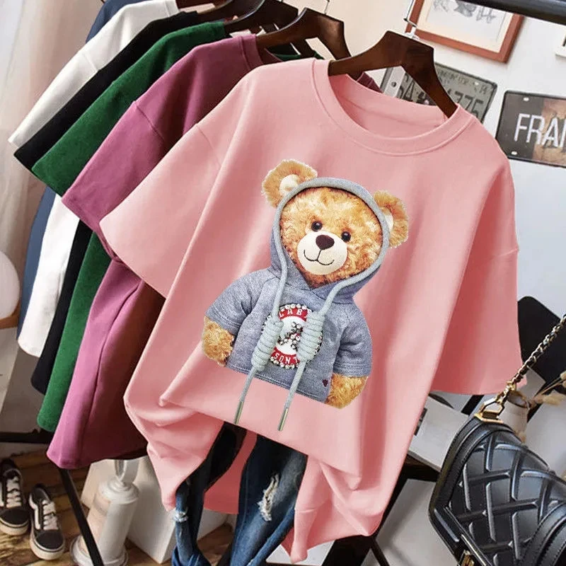 

Pure cotton T-shirt female 2021 summer student short-sleeved printed bear female top loose Korean version of bottoming shirt