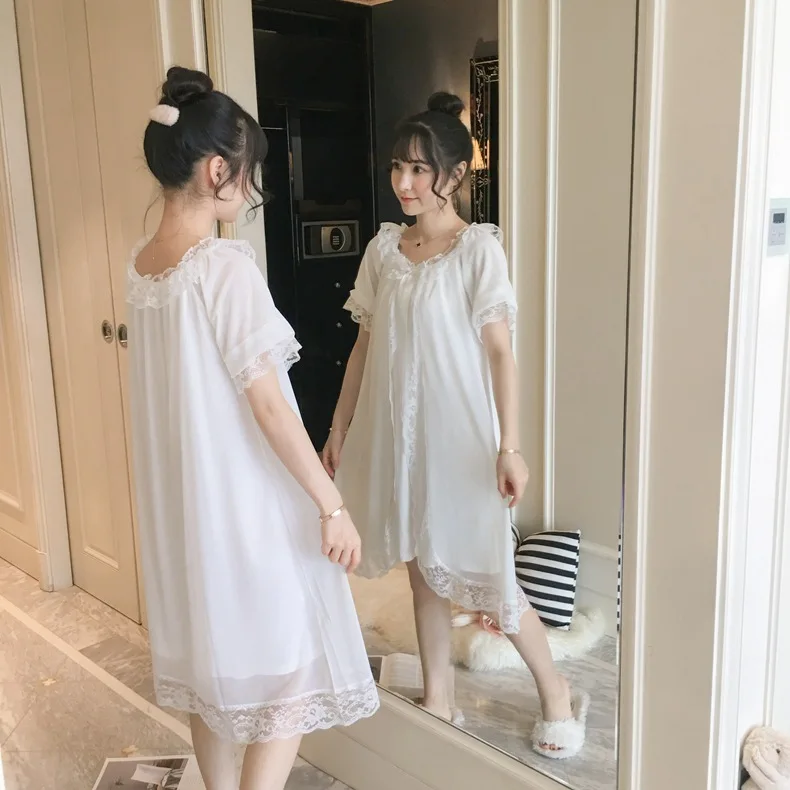 New Short Sleeve Court Lace Nightdress Women Summer Korean Fresh Princess Style Lace Nightgown Sexy Dress Sleepwear Nightwear
