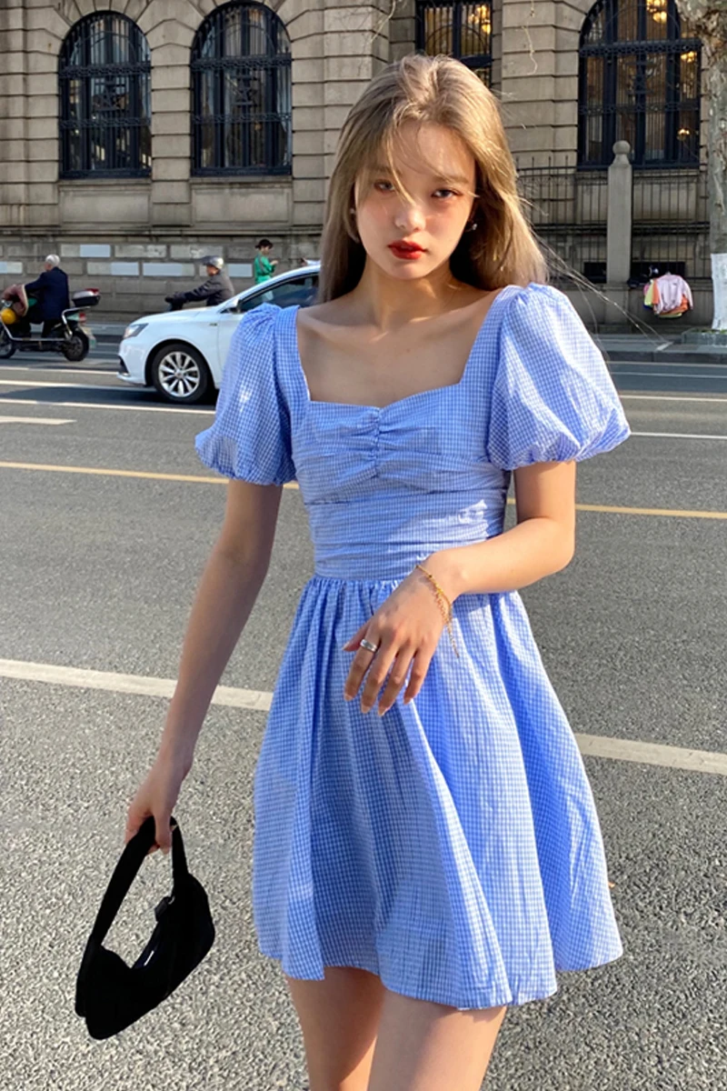

Bohemian Dress 2021 Fashion Women Boho Clothing Kawaii Dress Vestido Casual Backless Puff Sleeve Dress Blue Spring Egirl