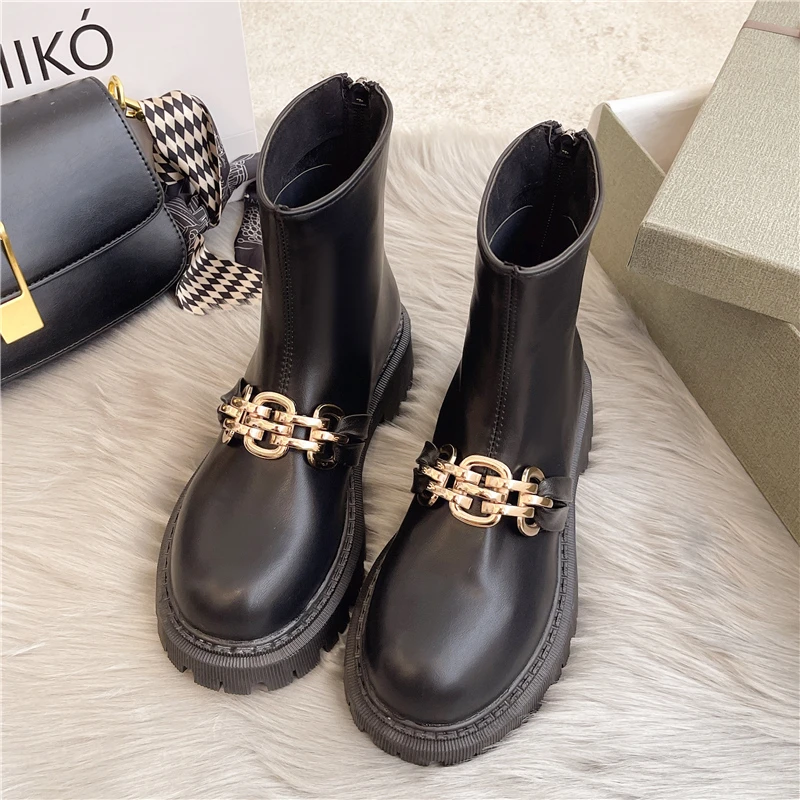 

Thick Sole Metal Chain Mid Calf Boots Women Real Leather Elastic Band Platform Shoes Runway Autumn Winter Short Boots Female