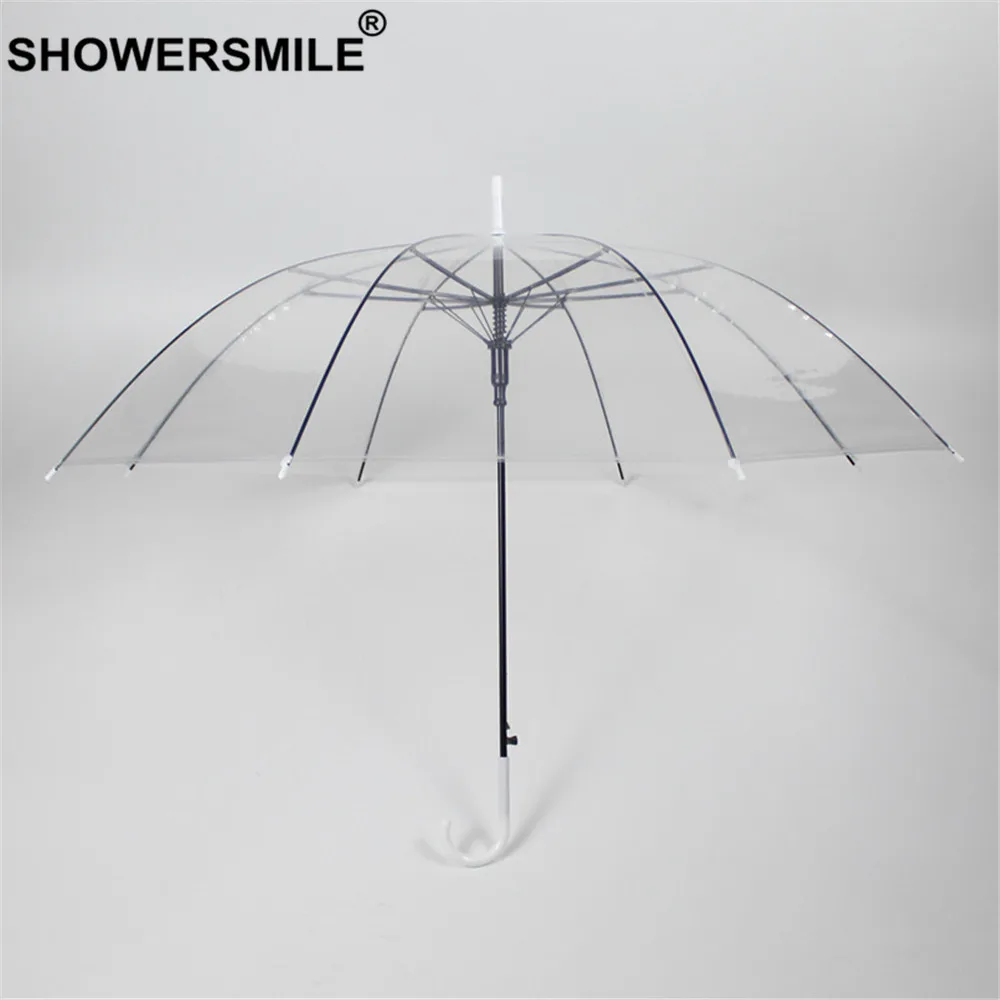 Прозрачный зонт SHOWERSMILE дождевой женский зонтик с длинной ручкой прозрачный