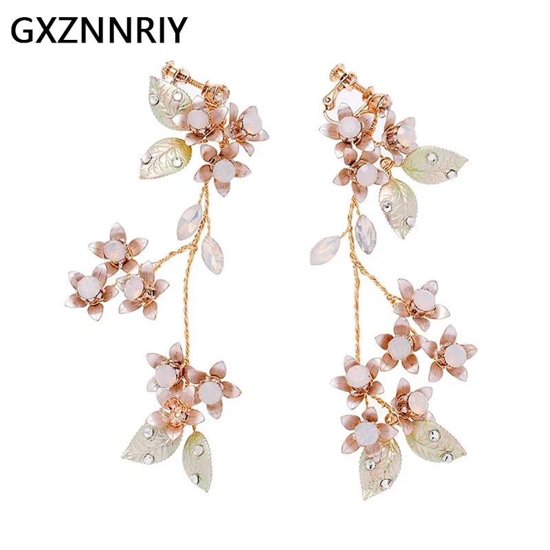

Fashion Rhinestone Leaf Flower Clip On Earrings for Women Accessories Handmade Bridal Wedding Drop Earring Party Jewelry Gifts