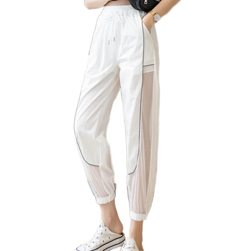 

2021summer New Thin Casual Pants for Women Loose Slimming Mesh Stitching Pants Female Solid Color Straight Leg Trousers