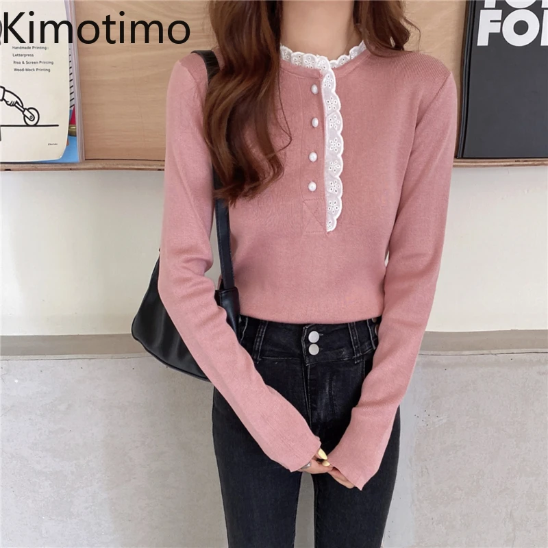 

Kimotimo Sweet Crop Sweater Women Design Lace Patchwork Long Sleeve Slim Pullover Korean Autumn All-match Fashion Sweaters Ins