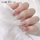 GAM-BELLE Золотые Фольга Розовый Цветущий поддельные ногти с Стразы дизайн балерины полное покрытие Искусственный пресс на ногти украшение
