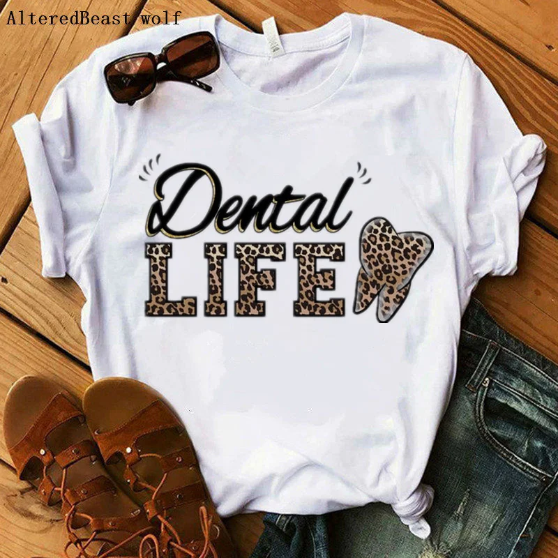 

2020 Dental Life Letter T Shirt Women Harajuku Leopard Print Short Sleeve T-shirt Merry Christmas Tshirt Casual Tops Female 90s