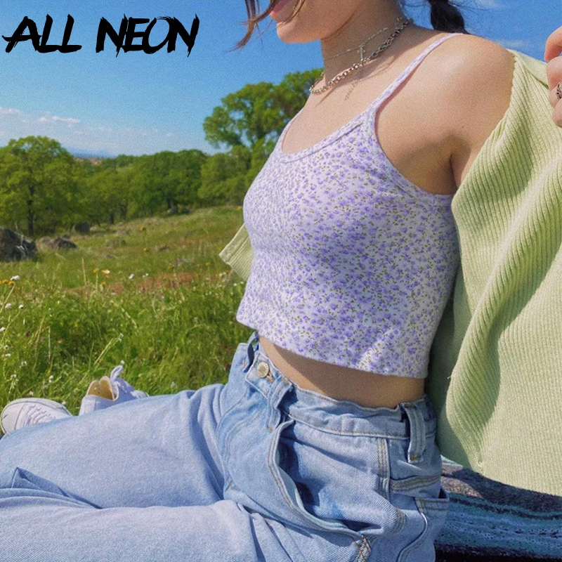 ALLNeon E girl/укороченные топы на бретельках с цветочным рисунком Y2K Модные фиолетовые