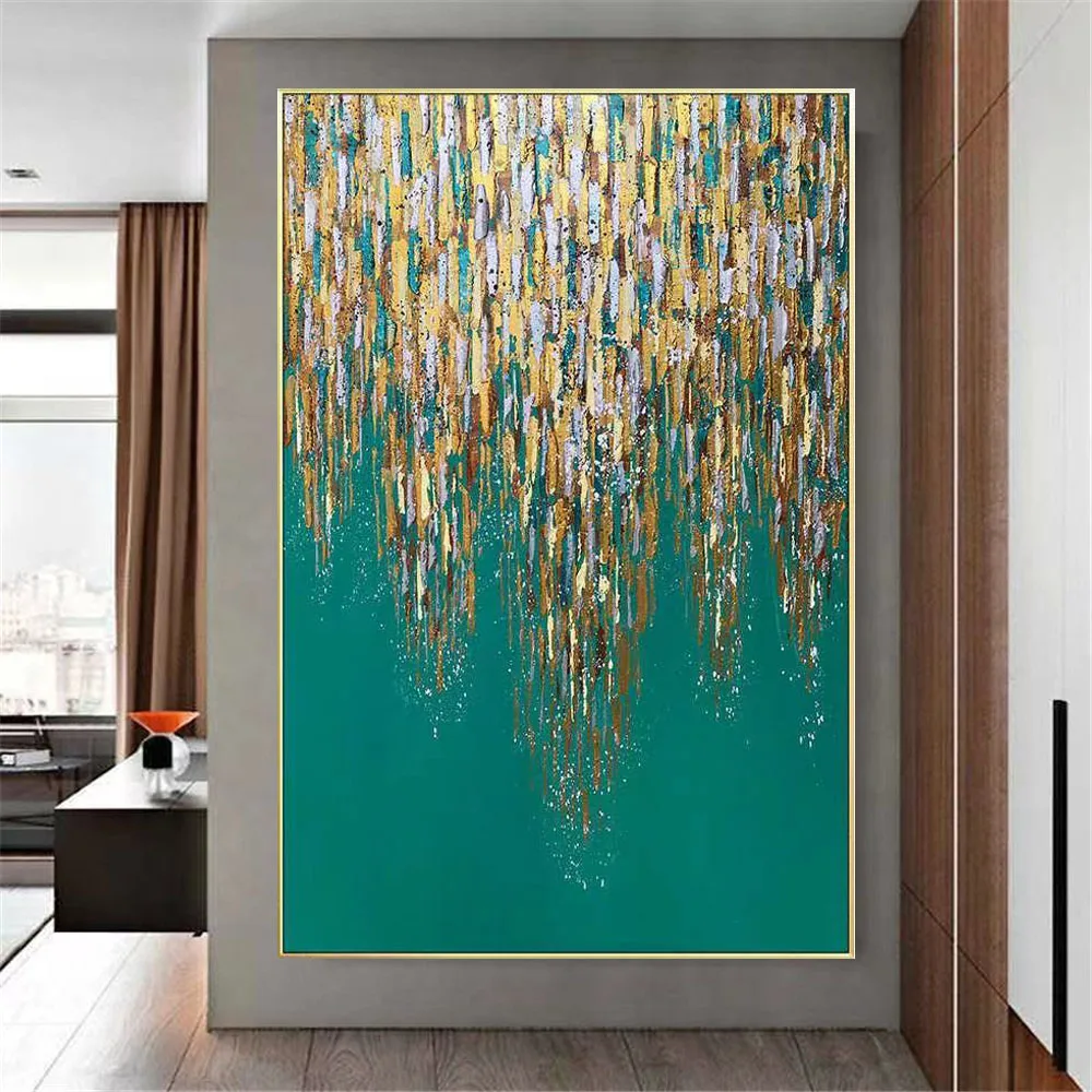 

Modern Abstract Starry Sky Oil Painting Green Background Texture Gold Foil Canvas Poster For Living Room Porch Decor Wall Art