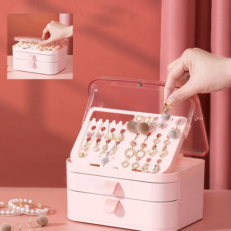 

3 Layers Jewelry Storage Box Flip Cover Organizer Dustproof Earrings Nail Ring Necklace Display Storage Drawer Type Jewelry Box