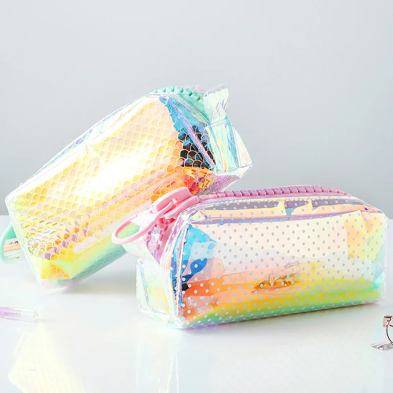 

Creative Big Zipper Colorful Laser Pencil Case Portable Travel Makeup Organizer Kawaii Pencilcase Girl Gifts School Stationery