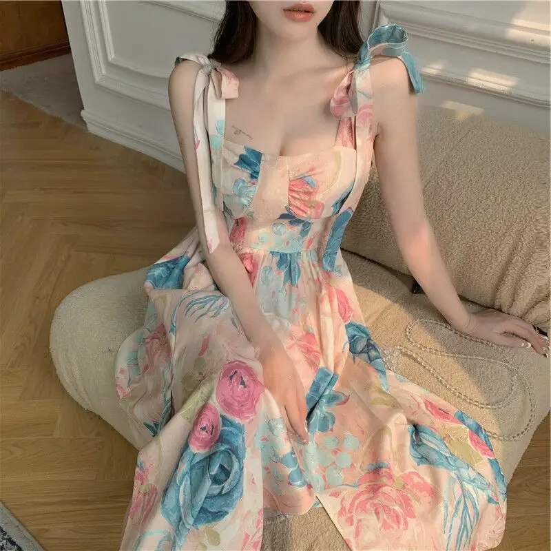 

Summer Women's Floral Printed bow Sleeveless Split Beach Party Maxi Dress