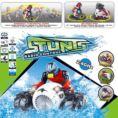 

motorcycles 2.4G remote control amphibious child motorcycle rc boat Rotary tipping off-road rc stunt car kids toy model gift