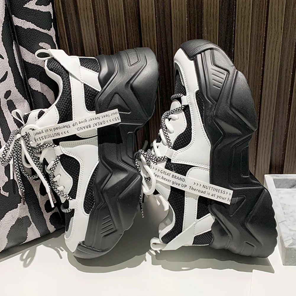 

Female Shoes Footwear Women's Autumn 2021 Flat Sneakers For Woman Lace Up Black White Brand New Internel Increase woman's Shoes