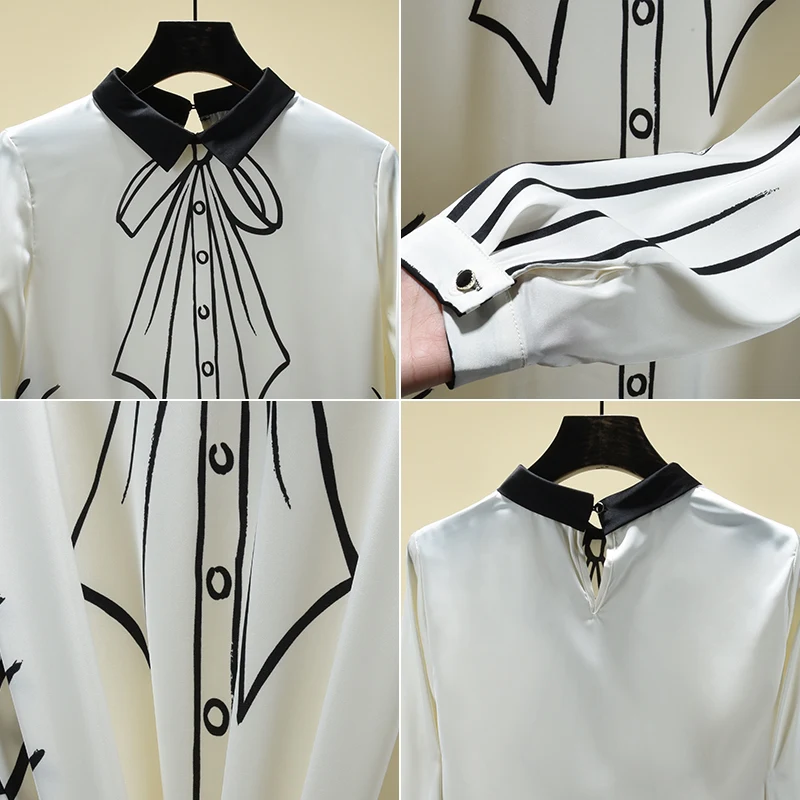 

2021 Spring Shirt Women Beige Bow Print Elegant Blouse Long Sleeve Fashion Tops