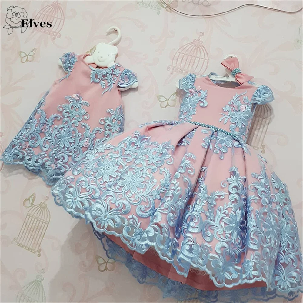 

Blue Princess Ball Gown Lace Flower Girl Dresses Bow Appliques Pink Cartoon Gold Baby Girls Party Dress First Communion