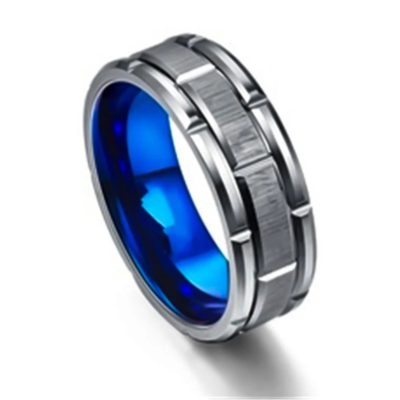 Мужское кольцо из нержавеющей стали голубое с рифлеными линиями Ювелирное