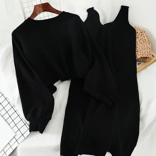 black sets Woherb, винтажная Женская одежда из двух частей, рукав летучая мышь, пуловер, однотонный, бодикон, свитер, платье, корейская мода, новые вязаные наборы 91225 - Цвет: black sets
