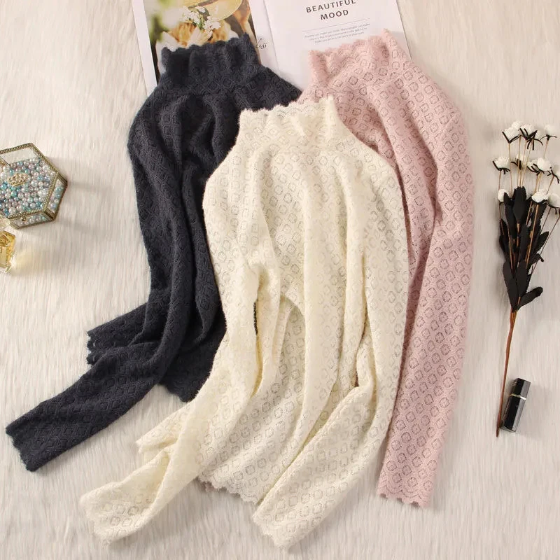 Женский бархатный пуловер с длинным рукавом утепленный кружевной высоким