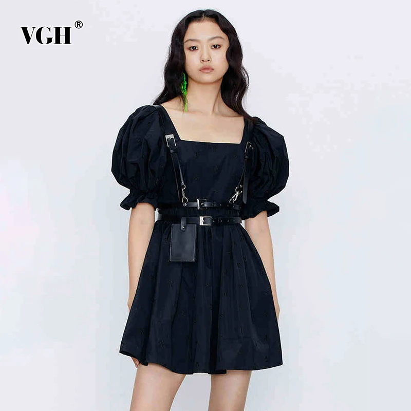 

VGH Black Detachable Sashes Casual Dresses Female Square Collar Puff Short Sleeve High Waist Mini Summer Women's Dress 2021 New