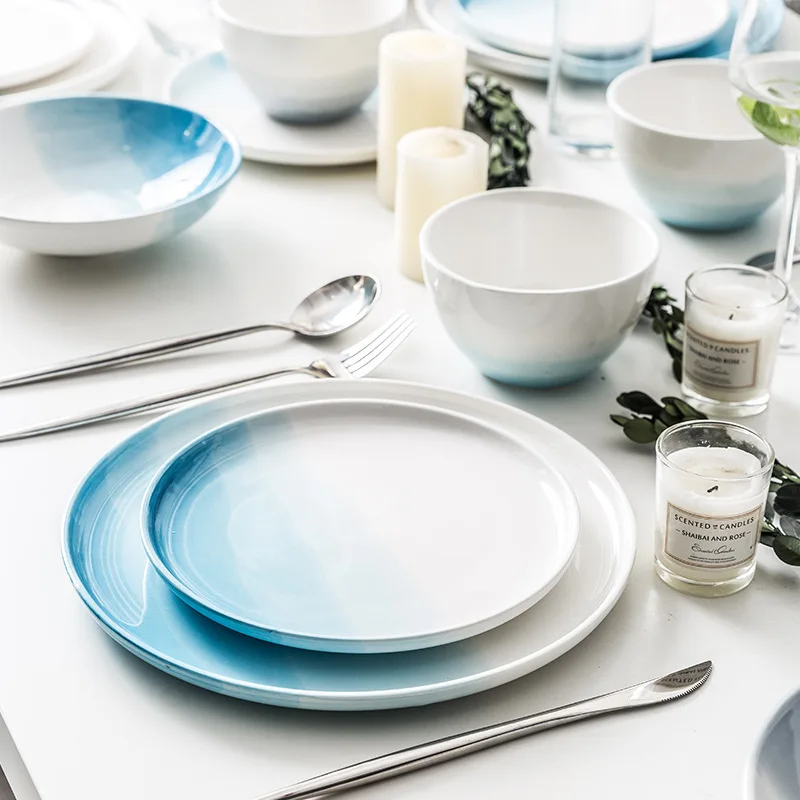 Японский стиль керамический двухцветный набор посуды домашний простой скандинавский керамический чаши для риса и супа супница паста стейк набор круглой посуды