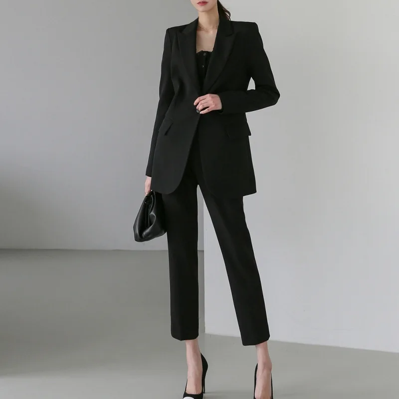 Women 2022 Spring Autumn New Two Pieces Sets Female Office Lady Work Blazer Coats Ladies High Waist Loose Trousers OL Suits E996