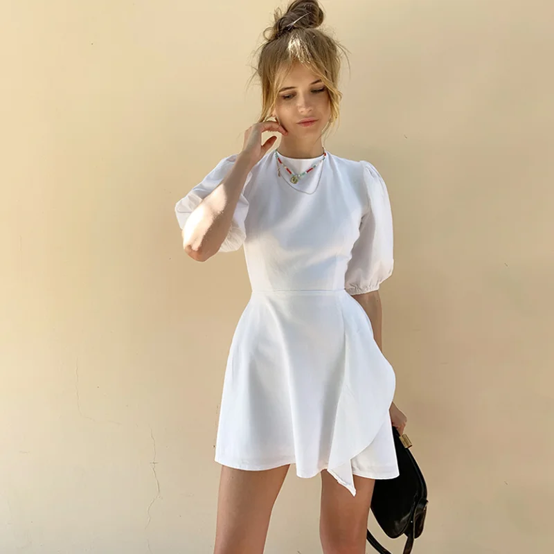 

O-Neck Backless Women Dress Puff Sleeve White Green Solid Casual Summer Ladies Lace Up Asymmetrical Ruffle Short Dresses Cotton