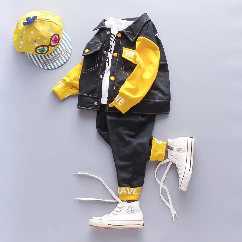 

Toddler Baby Girls Boys Handsome Clothing Sets Spring Fall Kid Denim Outfits Coat+T-shirt+Pants 3pcs Tracksuit Clothes Sport Set
