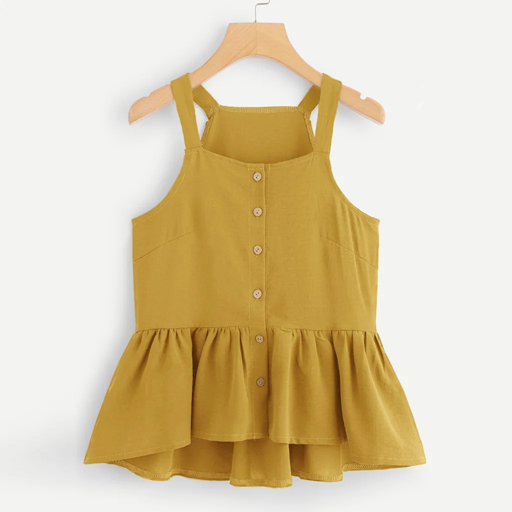 Sleeveless Crop Tops Women Button Tank Top Breasted Ruffle Hem Casual Camis Single Sexy Beach Female Blouse Ropa Mujer 2021 | Женская